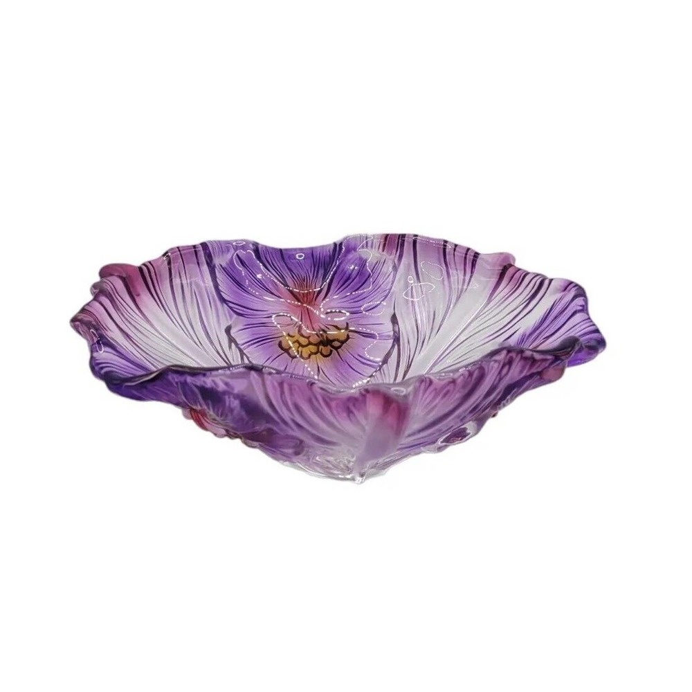 Vintage Walther Glass Purple Iris Pansy Floral 8" Bowl